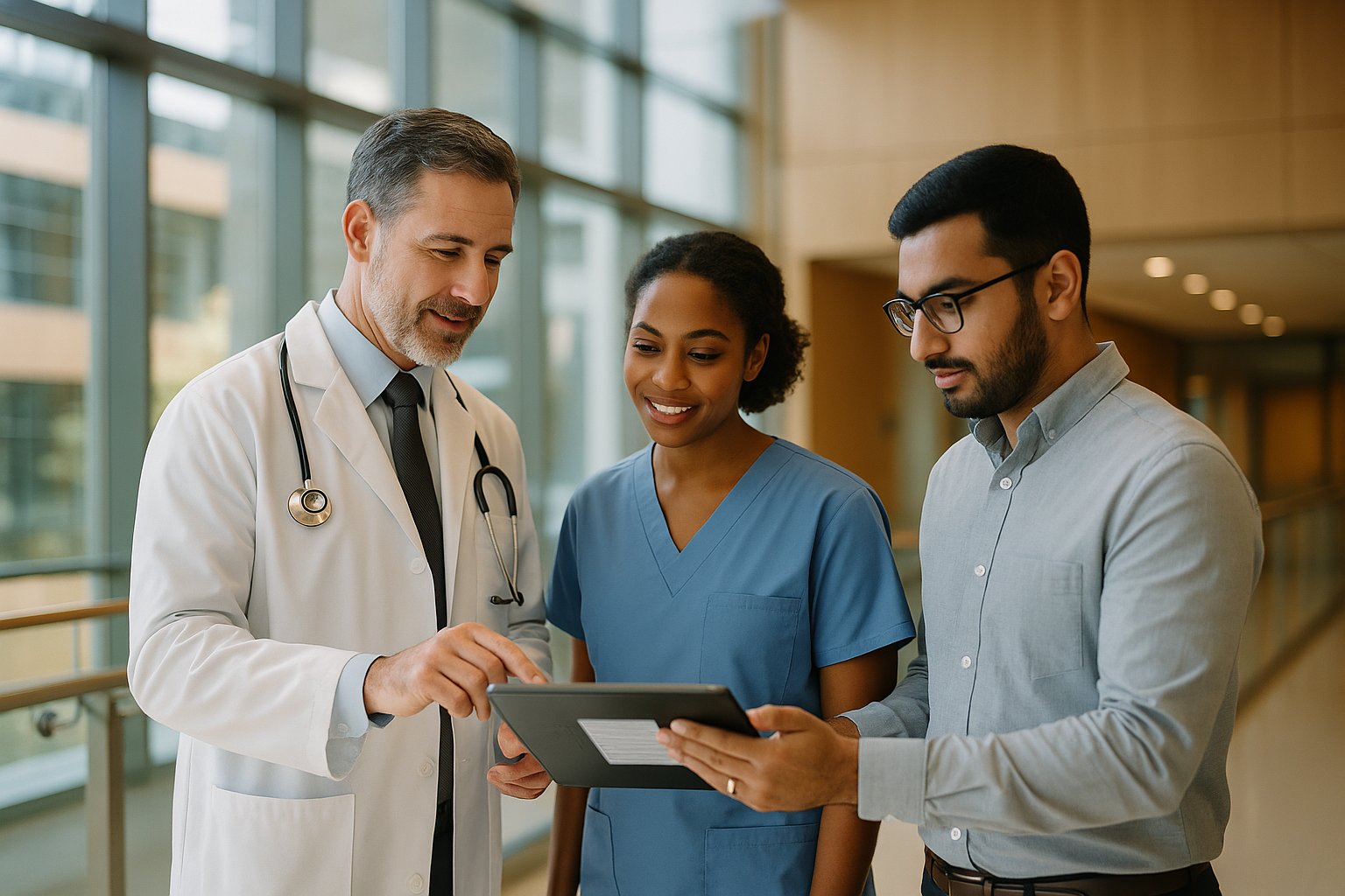 Healthcare technology team collaborating on AI-powered clinical solutions